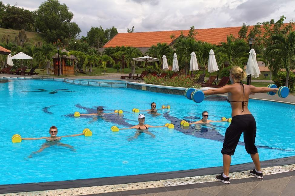 water aerobics class with weights